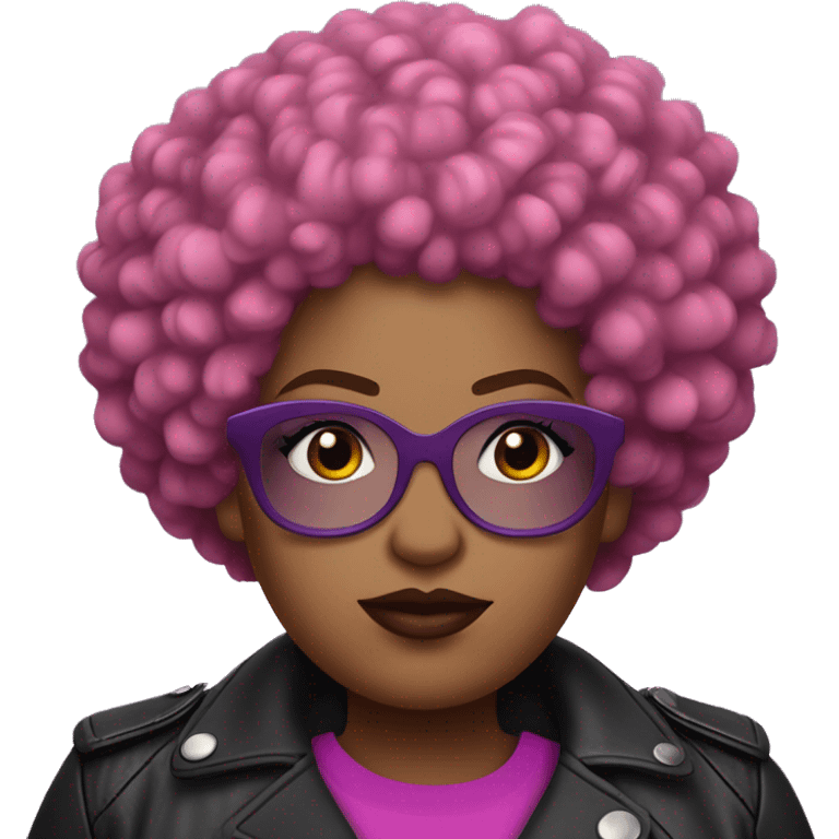 Plus size black woman with very short pink curly afro and a purple leather biker jacket with makeup on face. emoji