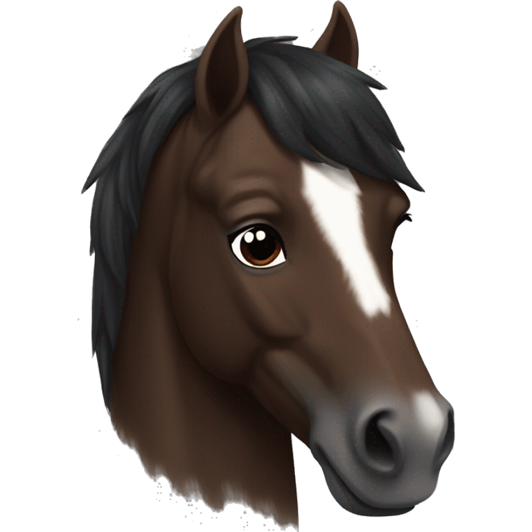 Dark brown horse with dark brown mane and small white marking on top of head emoji