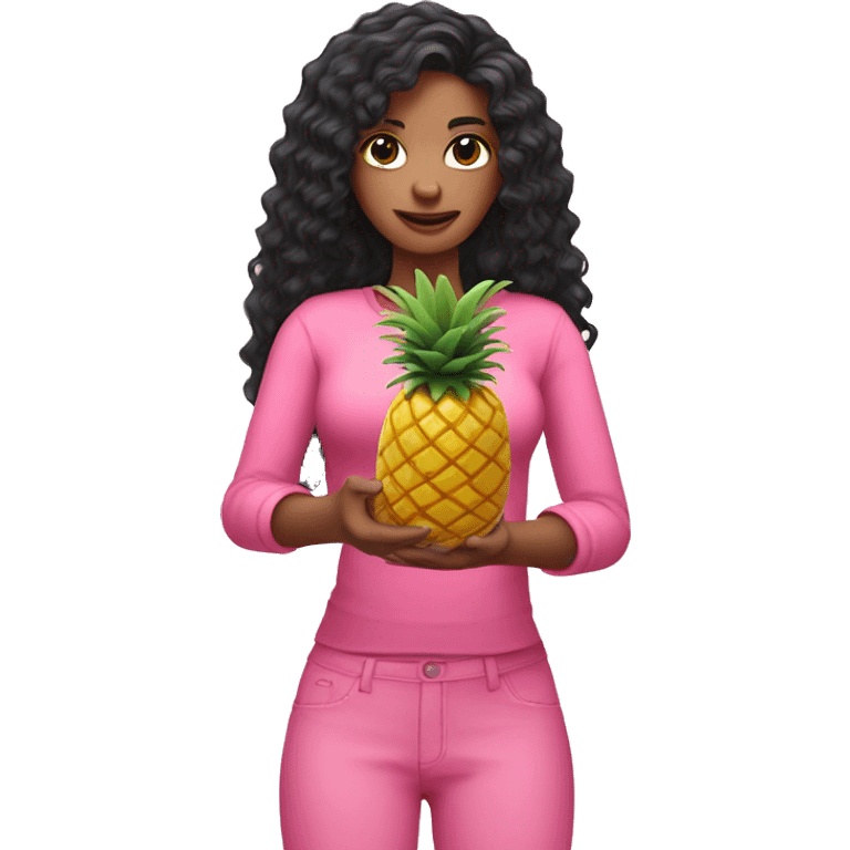 woman with light skin long black curly hair wearing pink holding a pineapple in hands emoji