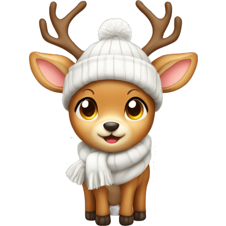 Cute shy deer with winter hat emoji