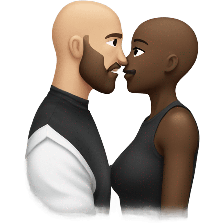 Curvy White brunette kissing muscular black bald man with beard emoji