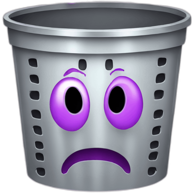 silver trash bin with smiley face full of one big purple brain emoji