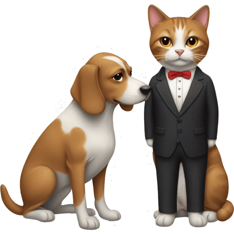 
a dog in a red dress and a cat in an elegant suit emoji