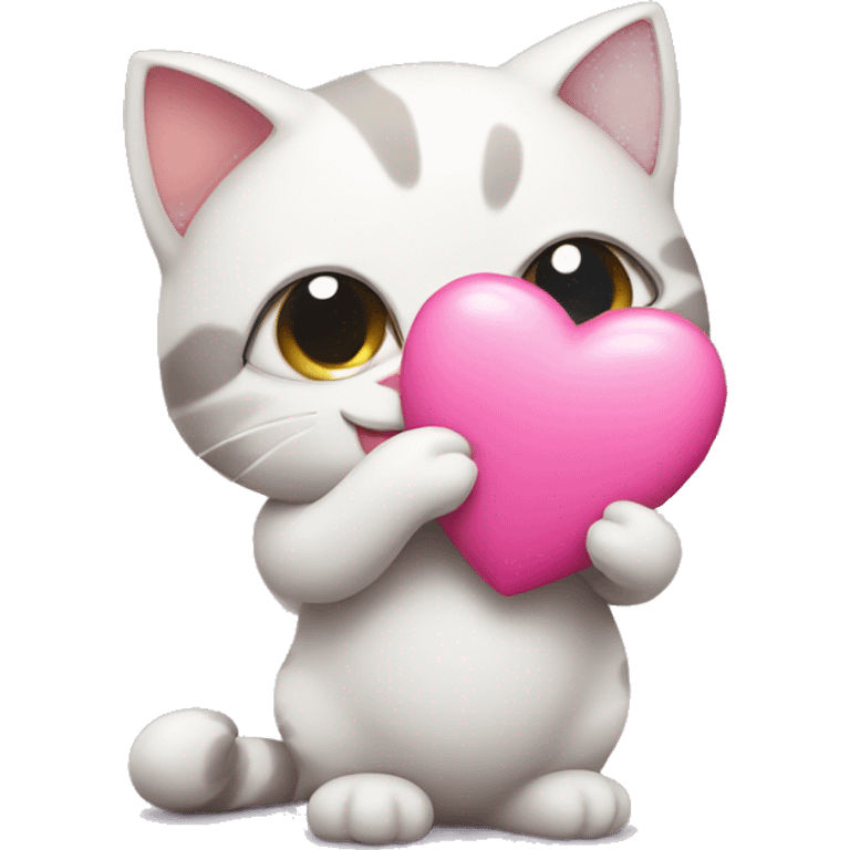 Shy cat holding pink heart emoji