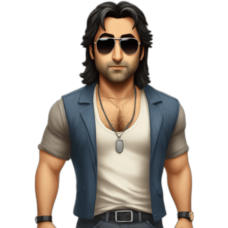 Ranbir Kapoor as a gangster with a long mullet and sun glassess looking angry and chubby emoji