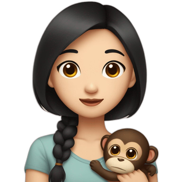 Asian girl with brown eyes and short black hair and cute top cuddling a brown lovely monkey emoji