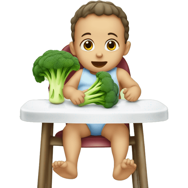 A baby sat on a high chair eating broccoli emoji