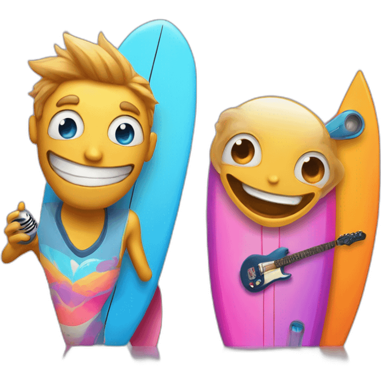 (A surfboard Cartoon Blue and orange smiling) and a (microphone Cartoon Blue and pink with butterfly) emoji