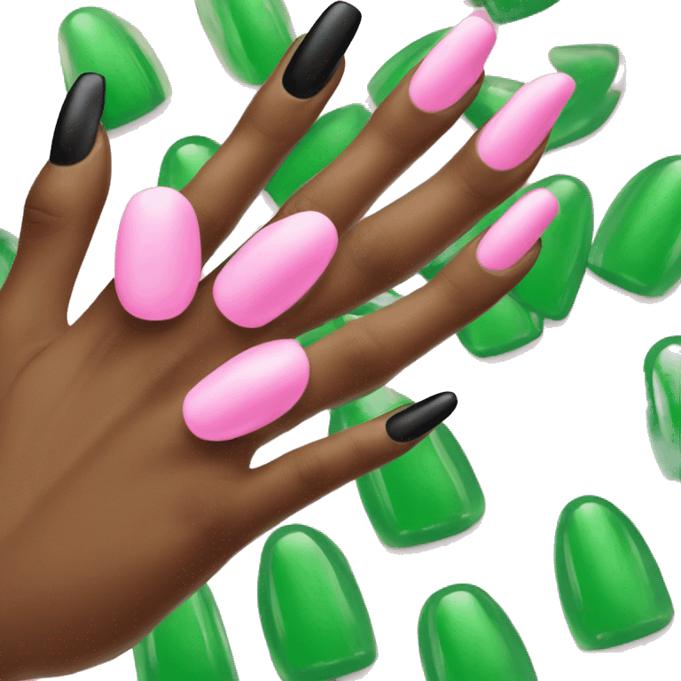 white woman's hand with long pink acrylic nails holding on to a black woman's index finger with long green acrylic nails  emoji