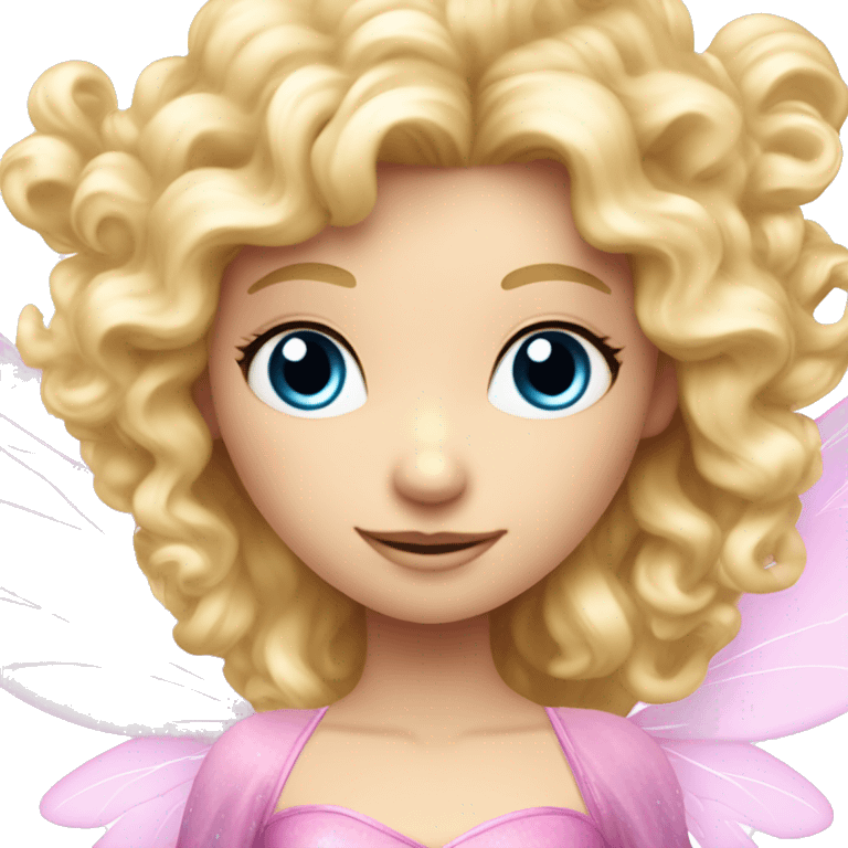 Fairy, a blonde hair with blue eyes and a pink dress with sparkly wings. White wings. The fairy has long and curly hair with a lot of volume emoji