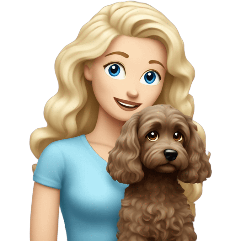 blue eyed old long haired blonde lady with dark brown Cockapoo puppy dog emoji