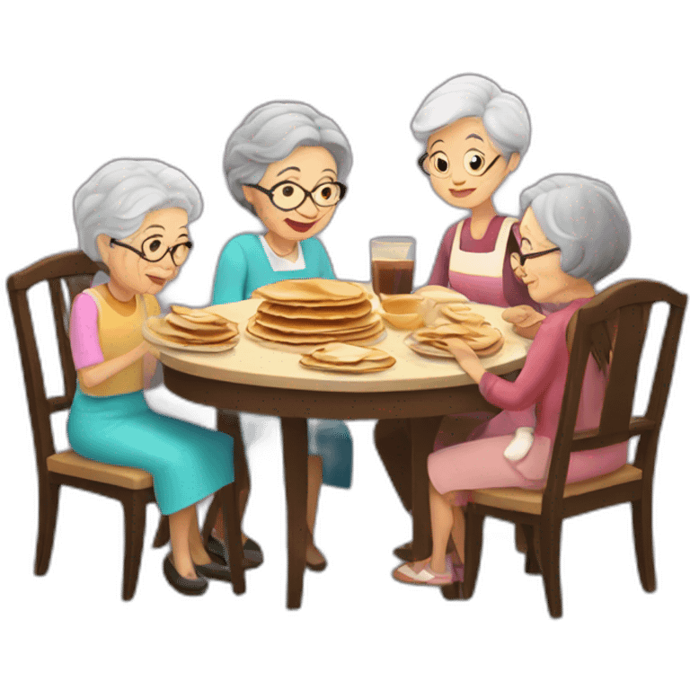 Granny with family in the table eat pancakes emoji