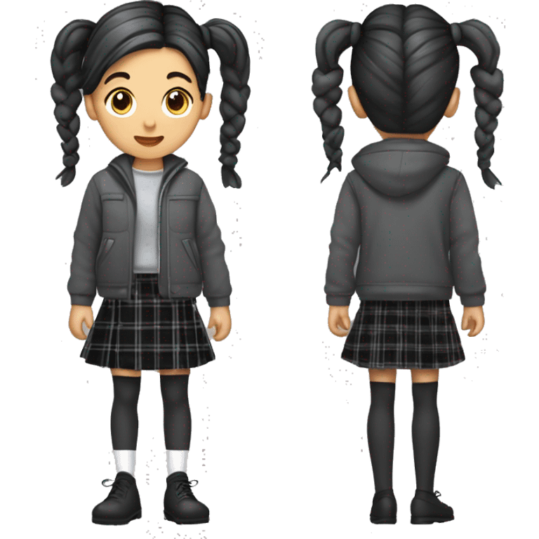 Girl with pigtails with black checkered hair in a charcoal half jacket, gray tartan skirt, gray stockings, white leg warmer and black loafers
 emoji