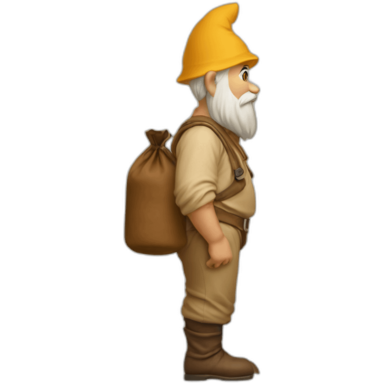 side view of gnome with light tan pants squatting on top of small brown bag emoji