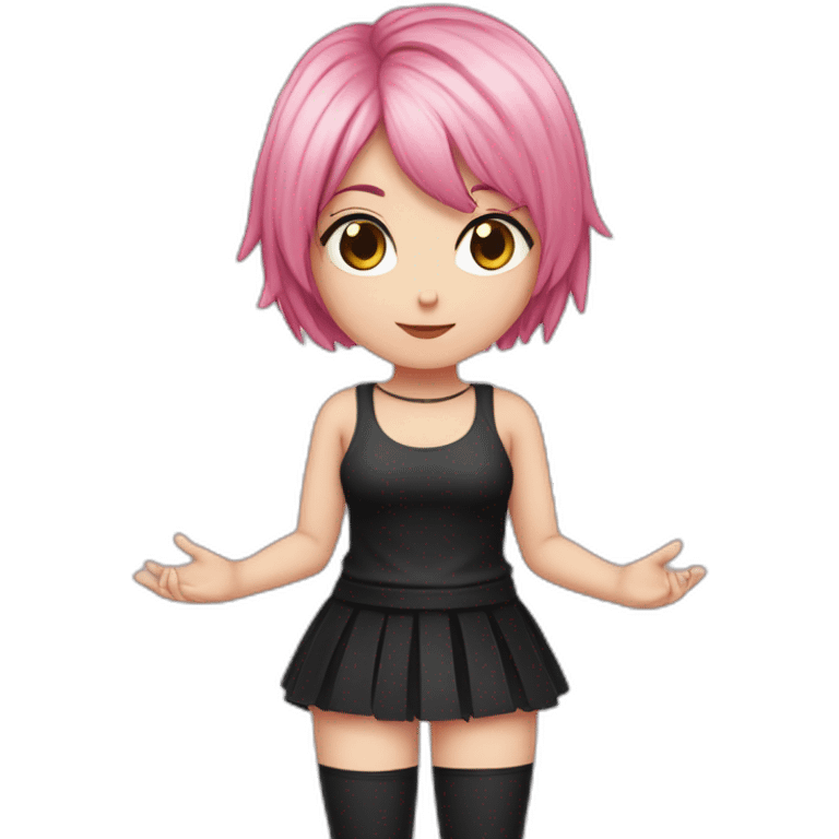 Full body Front view curvy emo girl pink hair sits on the floor straight view hands up black skirt белые трусики emoji