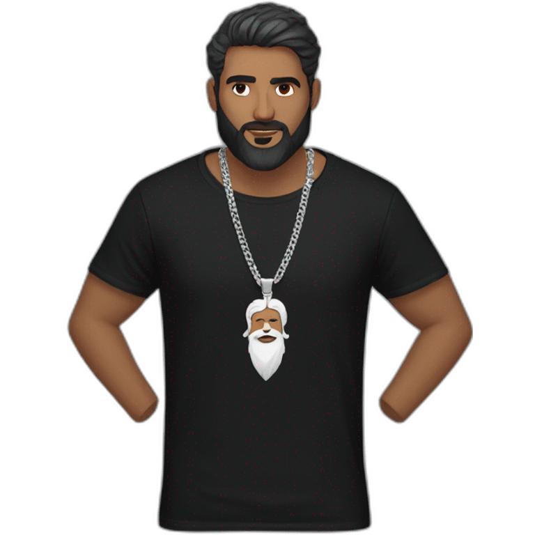 A white Indian man with beard wearing men silver chain,styled on a black Full sleeve tshirt emoji