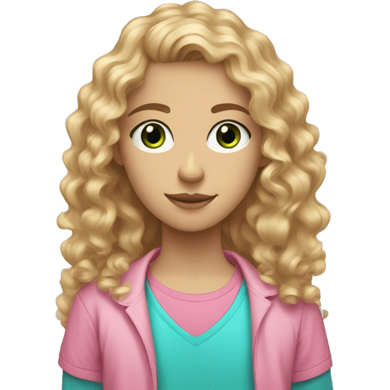 Curly teen with blond/brown hair and blue green eyes and a pink shirt medium long hair emoji