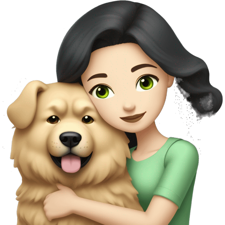 pretty woman with pale skin, very long black hair and green eyes and light pink outfit hugging a beige fluffy chow chow dog emoji