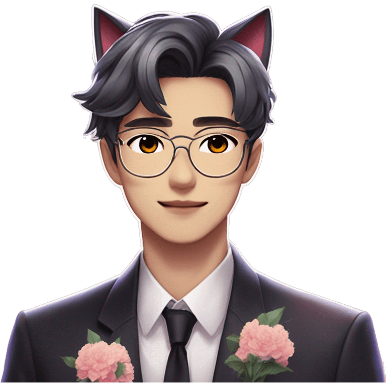 Gorgeous romantic anime style Asian formal modern gentlemanly guy with cat ears and flowers and blushing face aesthetic trending style outside with colorful gradient colors emoji