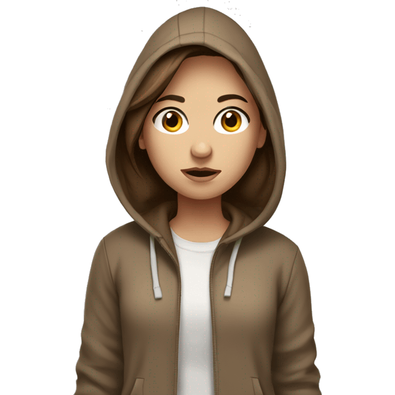 A girl with brown hair and white skin wearing a brown hoodie and looking cold emoji