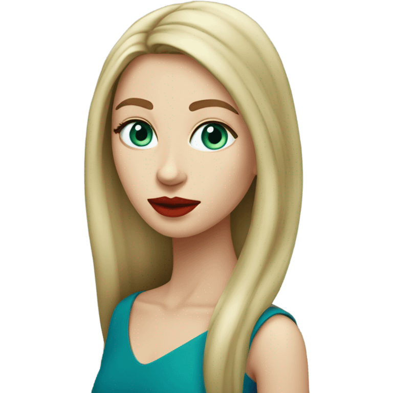 straight long curred hair, tomato red lipstick, blue-green bright eyes, white skin and a very small sharp nose emoji