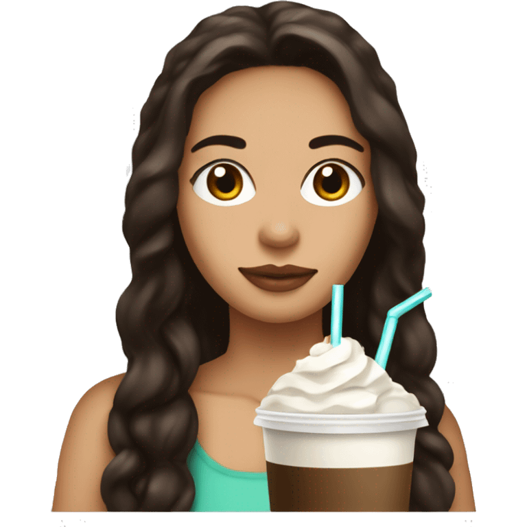 Girl with dark brown hair drink Frappuccino espresso with coconut milk, ice without cream emoji