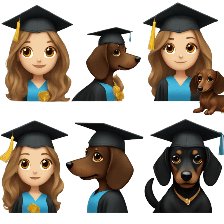 brown haired girl in graduation cap with black long haired dachshund  emoji