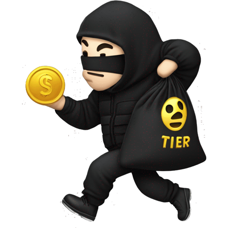 Thief wearing all black clothes actively stealing a money bag with the words Top Tier embroidered on it emoji