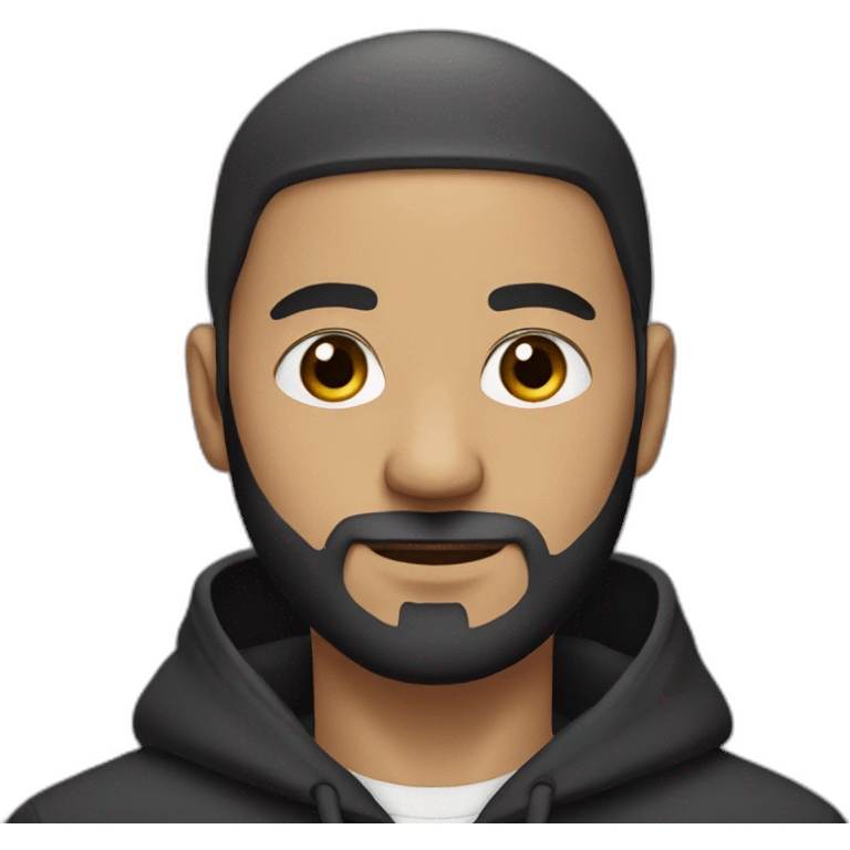 bald man with black (short) beard and no glasses in a black hoodie emoji