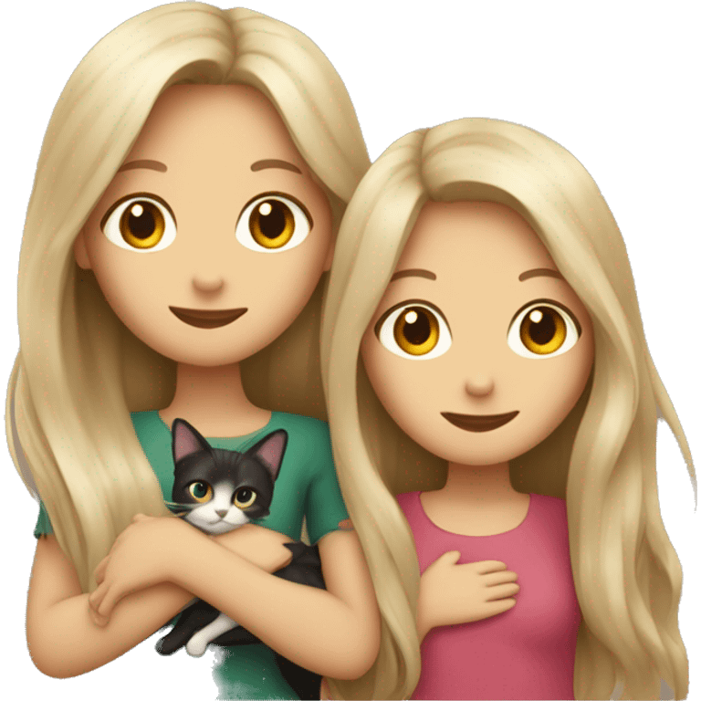 Two long hair girls and two cats in hands emoji