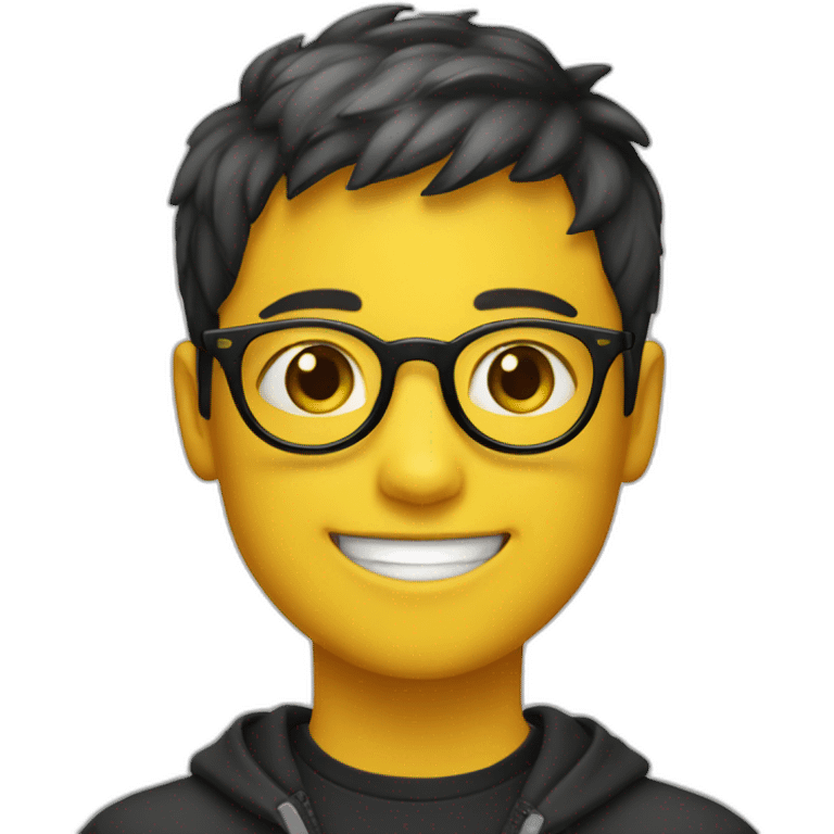 A smiling boy with short hair and yellow skin wearing black-framed round glasses emoji