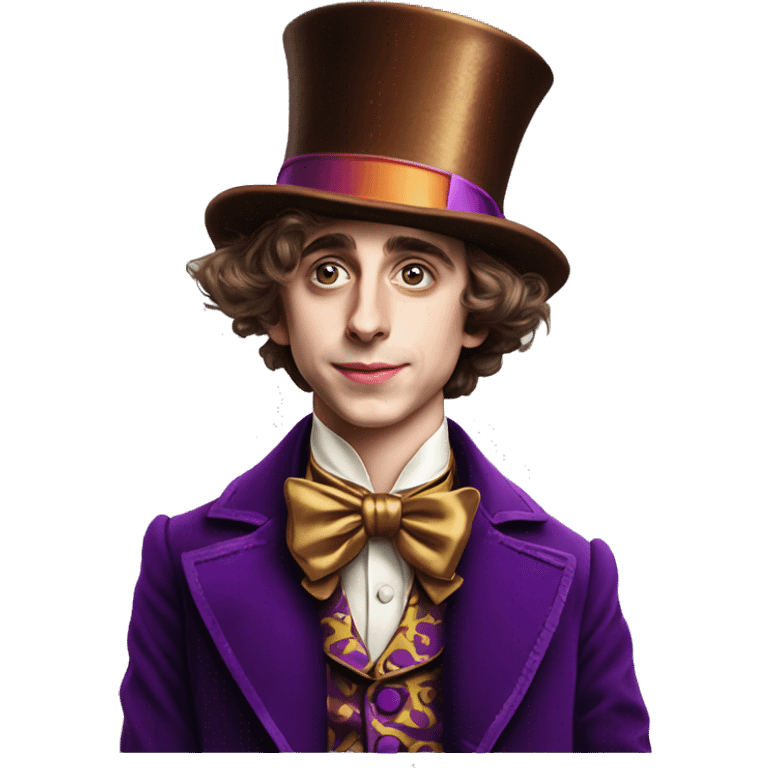 Timothée Chalamet as Willy Wonka, high cheek bones, large face, hat emoji