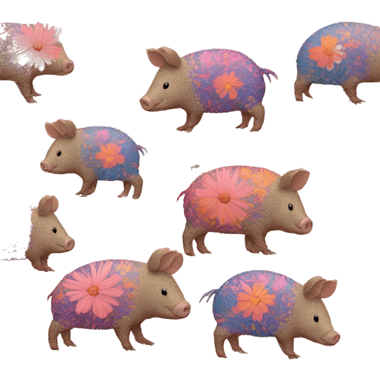 retro groovy hippie floral patterns on a pig armadillo centipede emoji