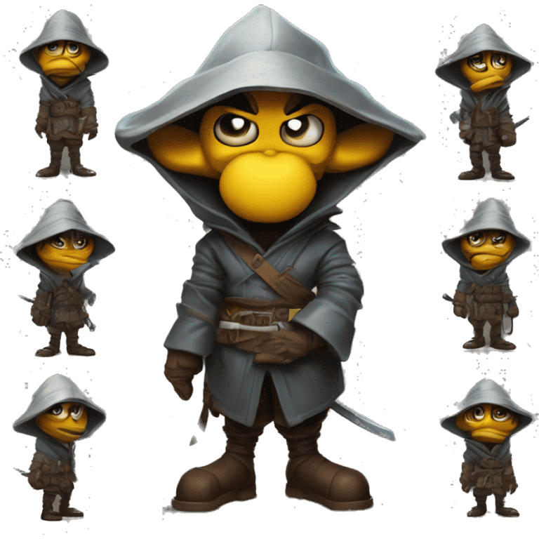 Warcraft ninja detective in Uncle Scrooge style, oil paint, mysterious eyes, intricate lips, masterpiece pose, odd perspective, beautiful, desirable, logical emoji