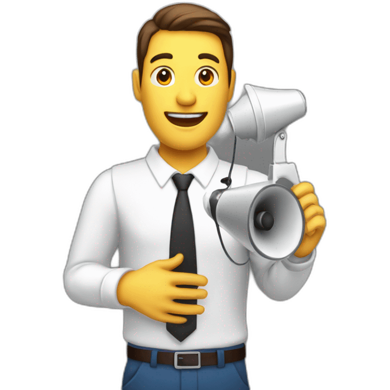 A man coming out of a mobile holding a loudspeaker and speaking in it for hiring new employees create 3d image white background emoji