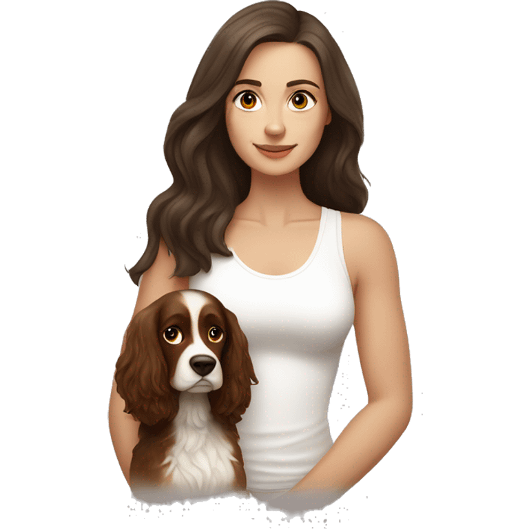 Russian woman with long dark brown hair in a white singlet sits with ocker spaniel emoji