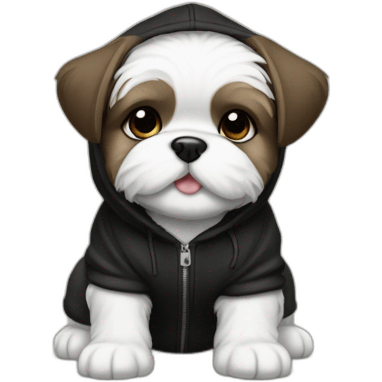 Happy back and white Shitz tzu puppy wearing a black hoodie emoji