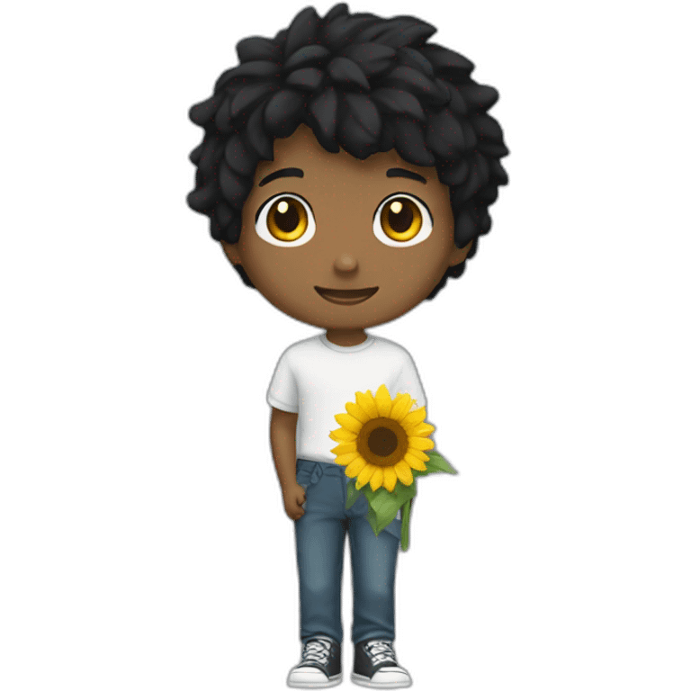 Short black hair boy holding sunflower emoji