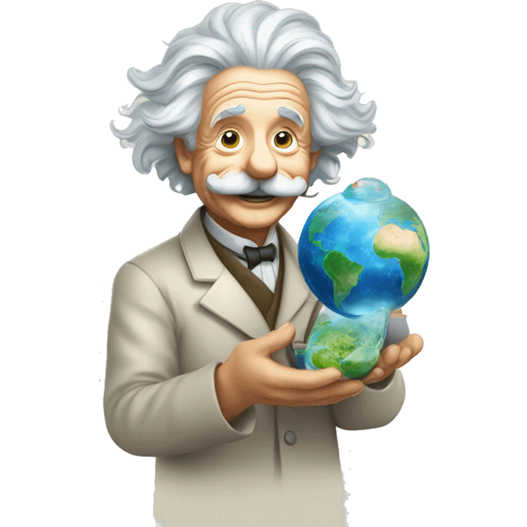 happy albert einstein holding earth in one hand in another test tube emoji