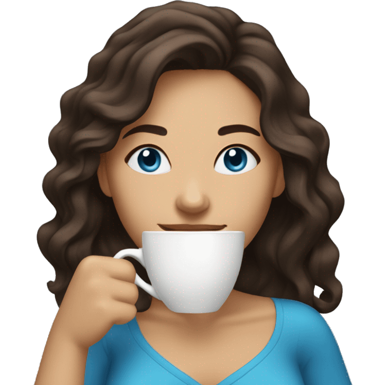 smiling woman with dark brown shoulder length wavy hair and blue eyes drinking coffee emoji