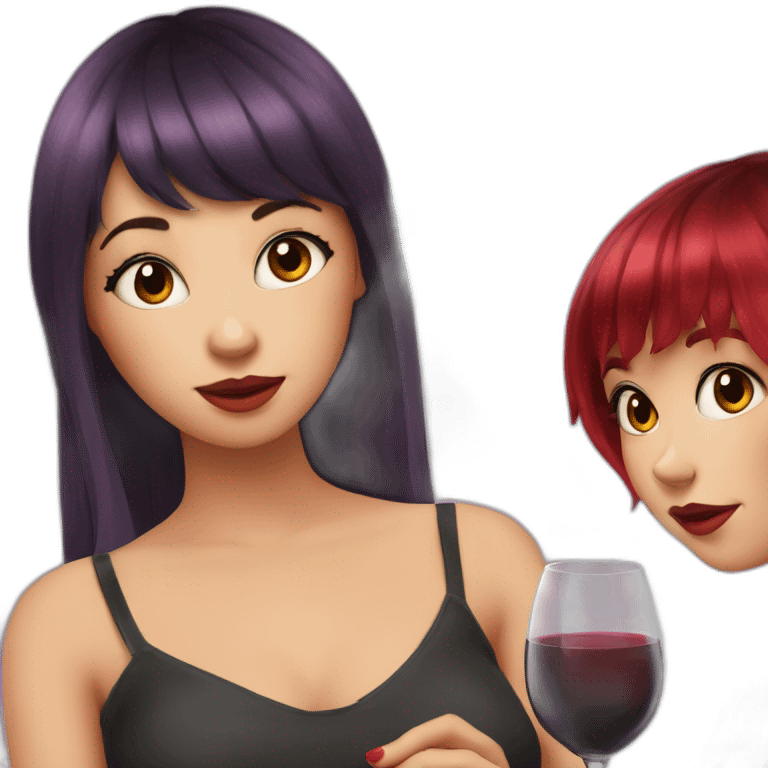 A girl with wine hair colour and shog hairstyle kissing girl with long black hair and red bangs emoji