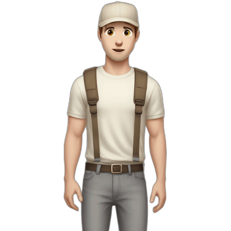 Pale skinned fit Man with dark brown hair in a beige cap, gray jeans, brown polo and white T-shirt keeping a pasted with tape white box into his hands emoji