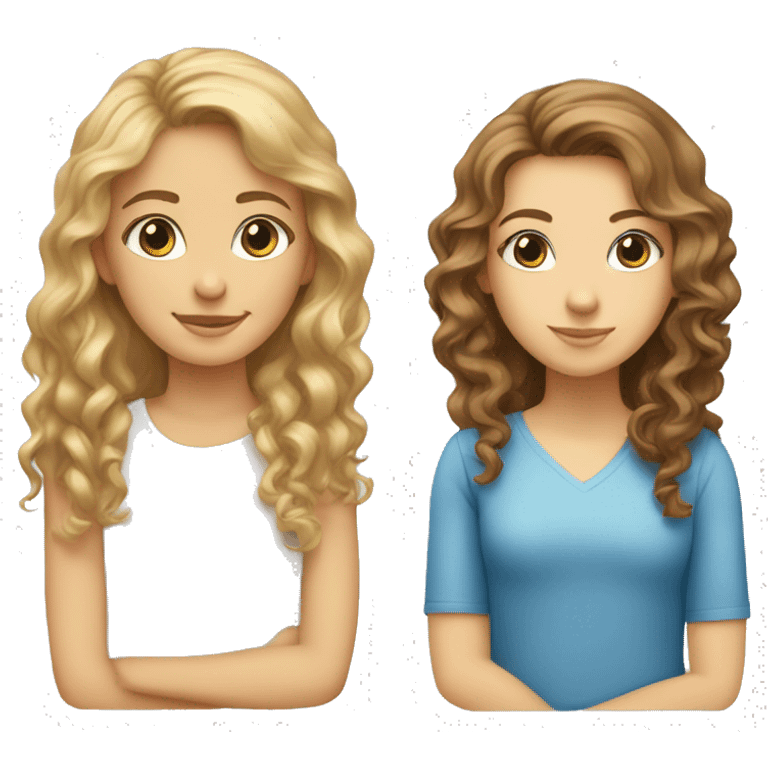 Two girls sitting: one with brown eyes, straight long brown hair, fair skin, and the other with shoulder-length, curly blonde hair, blue eyes. emoji