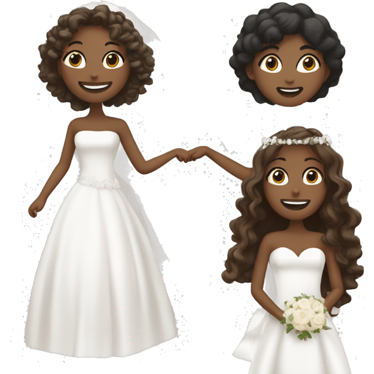 Two brides running away together holding hands one is light brown and one is white the white one has black curly/wavy hair and the light brown one has straight dark brown hair  emoji