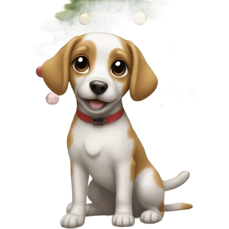 Little Dog next to Christmas tree smiling emoji