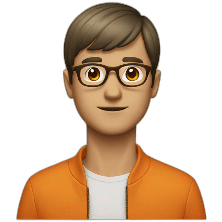 a man with a bowl cut brown glasses, a orange jacket emoji