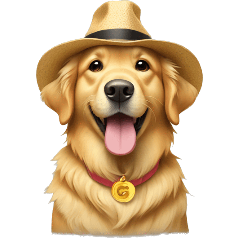 Golden retriever wearing a hat that says Congrats! emoji