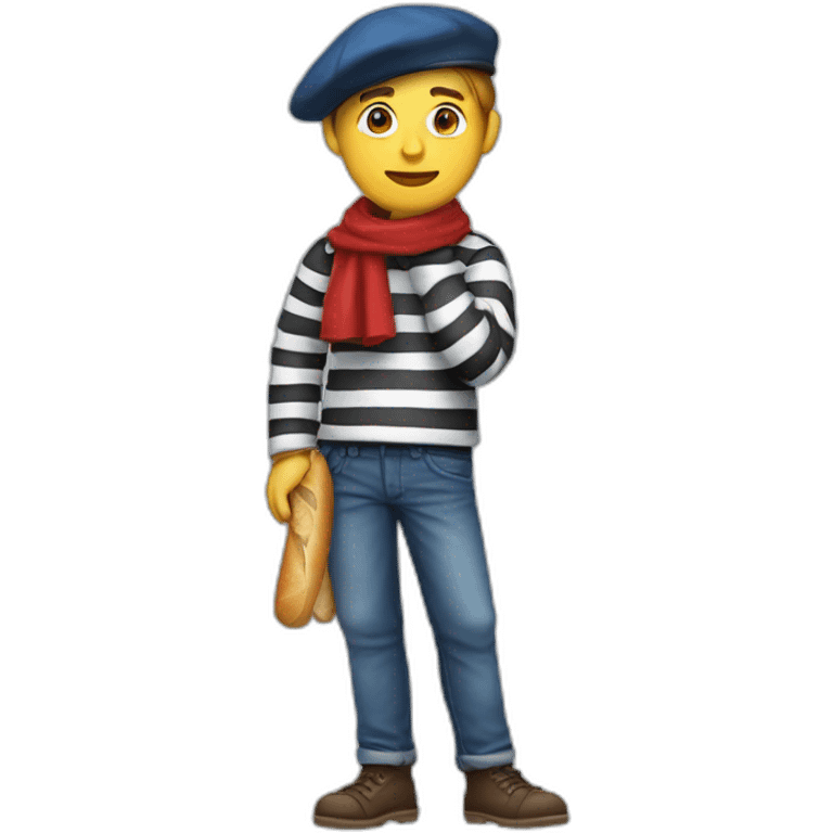 a french guy with a beret, black and white striped clothes, a red scarf, a baguette on his back and blue jeans. emoji