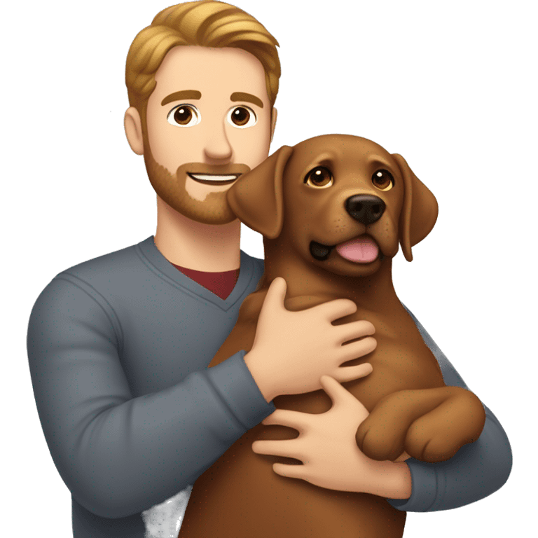 Red Labrador giving brown haired man a hug no facial hair emoji