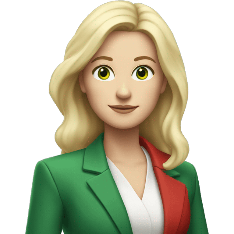 Woman, white, shoulder-length blonde hair, green eyes, red blazer, star PT  emoji